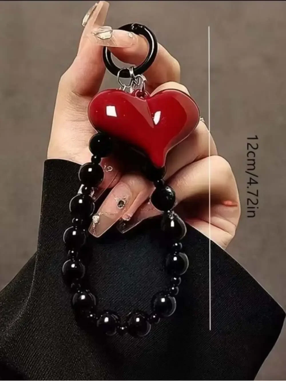 Red Heart Keyring Wristlet with Black Beaded Loop
